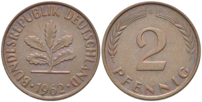 ФРГ 2 ПФЕННИГА 1962 G KM 106, J. 381 бронза 116-318