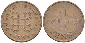 Финляндия 1 пенни 1963 первый год KM 44 медь 3718-112