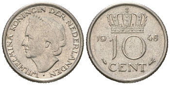 Нидерланды 10 центов 1948 Вильгельмина (1895-1948) KM 177 никель 4173-1128