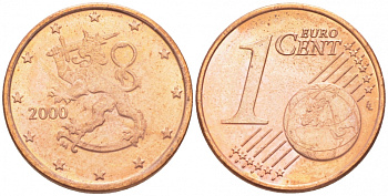 ФИНЛЯНДИЯ 1 ЕВРОЦЕНТ 2000 KM 98 сталь плакированная медью UNC 3457-1154