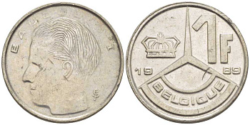 БЕЛЬГИЯ 1 ФРАНК 1989 BELGIQUE, БОДУЭН I (1951-1993) KM 170 железо плакированное никелем 3851-1145