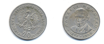 Польша 20 злотых 1974 MW, Марцелий Новотко KM 69, Parchimowicz 246 медно-никель 4379-1344