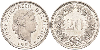 ШВЕЙЦАРИЯ 20 РАППЕНОВ 1993 В KM 29a медно-никель 55-1042