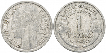 ФРАНЦИЯ 1 ФРАНК 1949 В, ТИП MORLON, LEGERE KM 885a 2, LE FRANC 221.16 алюминий 4402-923