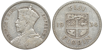 Фиджи 1 флорин 1934 Георг V (1910-1936), герб Фиджи KM 5 серебро    91-1126