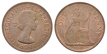 Великобритания 1 пенни 1967 Елизавета II (1952-2022) KM 897, Spink 4157 бронза aUNC 4661-1025
