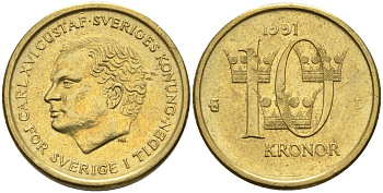 Швеция 10 крон 1991 D, Карл XVI Густав (1973- ) KM 877 медь алюминий цинк 4592-136