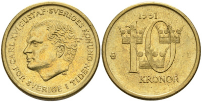 Швеция 10 крон 1991 D, Карл XVI Густав (1973- ) KM 877 медь алюминий цинк 4592-136