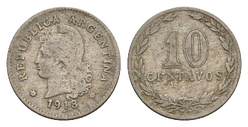 Аргентина 10 сентаво 1918 KM 35 медно-никель 4649-937