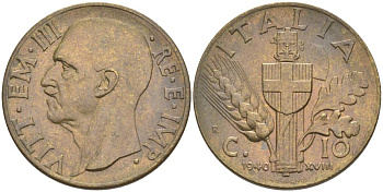 ИТАЛИЯ 10 ЧЕНТЕЗИМО 1940 R, ГОД XVIII, ВИКТОР ЭММАНУИЛ III (1900-1946) KM 74a, VEM3. 0985 алюминиевая бронза 3853-247