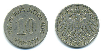 Германия 10 пфеннигов 1900 E KM 12, J. 13 медно-никель 179-641