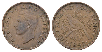 Новая Зеландия 1 пенни 1942 Георг VI (1936-1952), новозеландский туи KM 13 бронза 4661-213