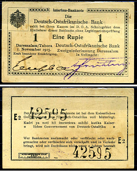 Германская Восточная Африка 1 рупия 1915 серия E2 Pick 26/9A бумага aUNC 8590-37-2-1