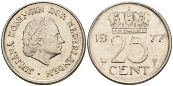Нидерланды 25 центов 1977 Юлиана (1948-1980) KM 183 никель 4124-126