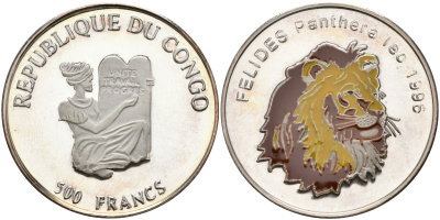 Конго 500 франков 1996 семейство кошачьи - лев, цветная эмаль KM 42 серебро PROOF 00-00