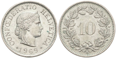 ШВЕЙЦАРИЯ 10 РАППЕНОВ 1969 В KM 27 медно-никель 55-423