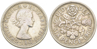 Великобритания 6 пенсов 1960 Елизавета II (1952-2022) KM 903, Spink 4149 медно-никель 3718-256