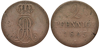 Ганновер 2 пфеннига 1845 A, Эрнст Август (1837-1851) KM 174.1, AKS 122, J. 55 медь 75-1817