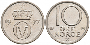 Норвегия 10 эре 1977 Улаф V (1957-1991) KM 416 медно-никель aUNC 44-1014