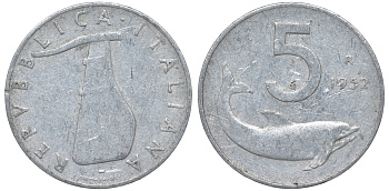 Италия 5 лир 1952 R, плуг, дельфин KM 92 алюминий 4596-424
