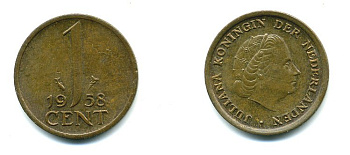 НИДЕРЛАНДЫ 1 ЦЕНТ 1958 ЮЛИАНА KM 180 бронза 76-255