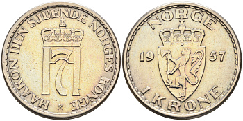 Норвегия 1 крона 1957 Хокон VII (1905-1957) КМ 397 медно-никель    4142-113
