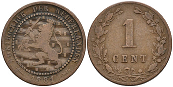 Нидерланды 1 цент 1881 Виллем III (1849-1890) KM 107 бронза 4576-558