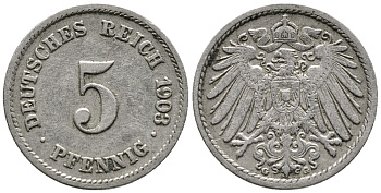 ГЕРМАНИЯ 5 ПФЕННИГОВ 1903 G KM 11, J. 12 медно-никель 39-762