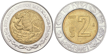Мексика 2 песо 2007 Mo KM 604 биметалл 4398-543