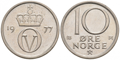 Норвегия 10 эре 1977 Улаф V (1957-1991) KM 416 медно-никель aUNC 44-1014