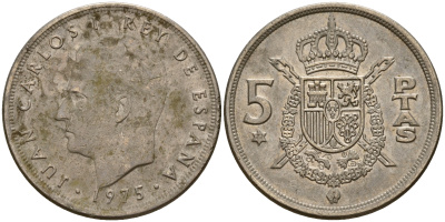 Испания 5 песет 1975 (77) Хуан Карлос I (1975-2014) KM 807 медно-никель    4597-135