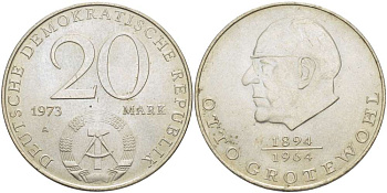 ГДР 20 марок 1973 А, Отто Гротеволь (1894-1964) KM 47 медно-никель 4521-536
