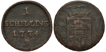 Польша, Галиция и Лодомерия 1 шиллинг 1774 S, Станислав II Август Понятовский (1764-1795), вес 1,44 гр., SCHMOLLNITZ MINT KM 1, Herinek 1652 медь 1516-1115