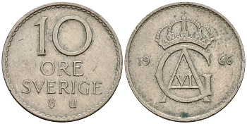 Швеция 10 эре 1966 Густав VI Адольф (1950-1973) KM 835 медно-никель 4152-444