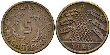 Германия 5 рейхспфеннигов 1926 A J.316, KM 39 алюминиевая бронза    4598-1164