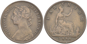 Великобритания 1 фартинг 1888 Виктория (1837-1901) KM 753, Spink 3958 бронза 4543-923