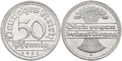 Германия 50 пфеннигов 1921 A KM 27, J.301, Weege 10 алюминий UNC 4584-843