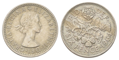 Великобритания 6 пенсов 1964 Елизавета II (1952-2022) KM 903, Spink 4149 медно-никель 4625-514