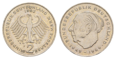 ФРГ 2 марки 1982 F, Теодор Хойс, 20 лет Федеративной Республике (1949-1969) KM A127 медно-никель 4628-752