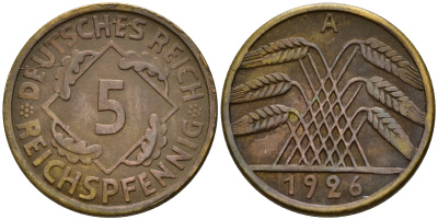 Германия 5 рейхспфеннигов 1926 A J.316, KM 39 алюминиевая бронза    4598-1164