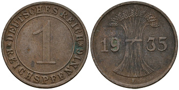 Германия 1 рейхспфенниг 1935 F KM 37, J. 313 бронза 4124-814