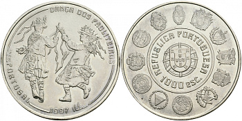 Португалия 1000 эскудо 1997 танец Политейрош KM 704 серебро UNC 3896-145