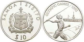 Самоа 10 тала 1991 XXV Олимпийские игры в Барселоне 1992 года, метание копья KM 85 серебро PROOF 1074-5-51