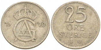 Швеция 25 эре 1970 U Густав VI Адольф (1950-1973) KM 836 медно-никель 3955-363