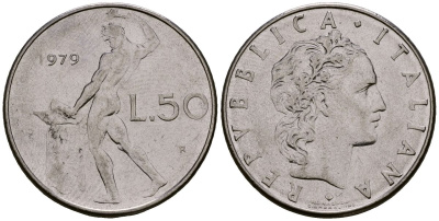 Италия 50 лир 1979 KM 95.1 нержавеющая сталь 4176-247