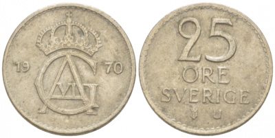Швеция 25 эре 1970 U Густав VI Адольф (1950-1973) KM 836 медно-никель 3955-363