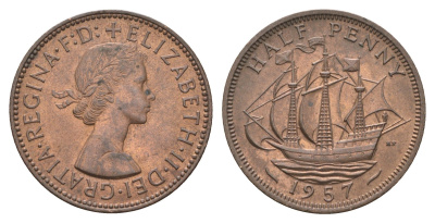 Великобритания 1/2 пенни 1957 Елизавета II (1952-2022) KM 896, Spink 4158 бронза aUNC 4662-1143