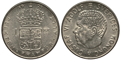 Швеция 1 крона 1973 Густав VI Адольф (1950-1973) KM 826а медь плакированная медно-никелем VF 4182-613