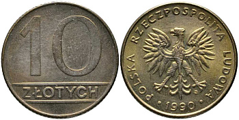 Польша 10 злотых 1990 MW, Народная Республика KM 152.2, Parchimowicz 244b латунь 110-827