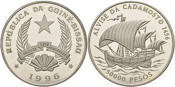 Гвинея-Биссау 50000 песо 1996 парусник Alvise da Cadamosto KM 37 серебро PROOF 04-326-24